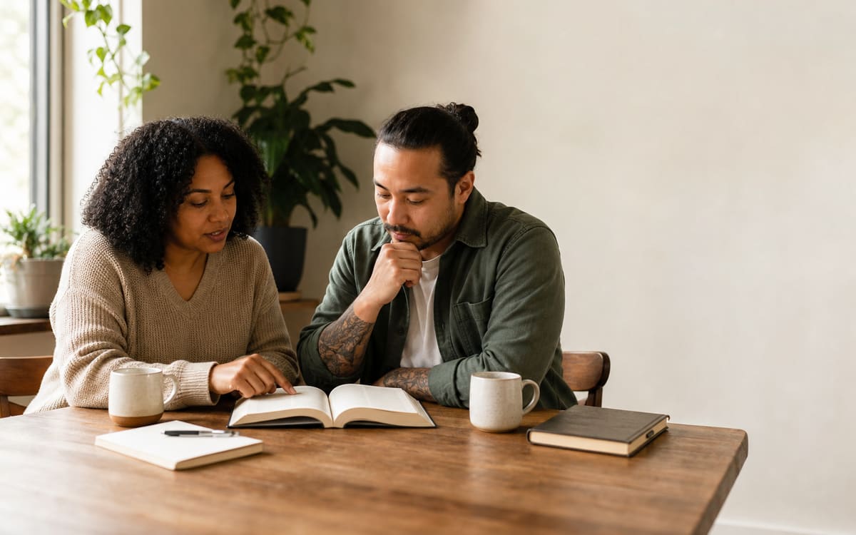 Two adults discussing a recovery book together at a quiet table