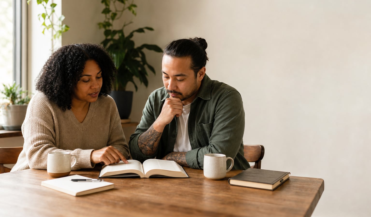 Two adults discussing a recovery book together at a quiet table