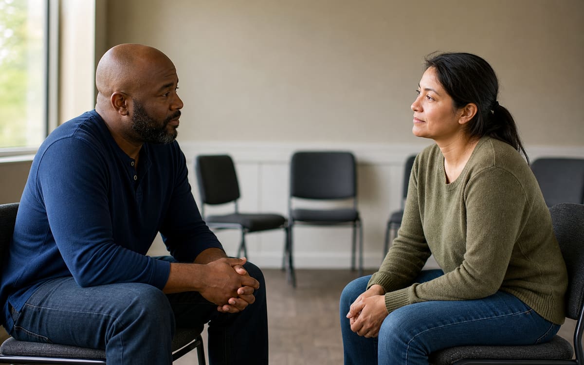 Two adults having a supportive conversation after a recovery meeting