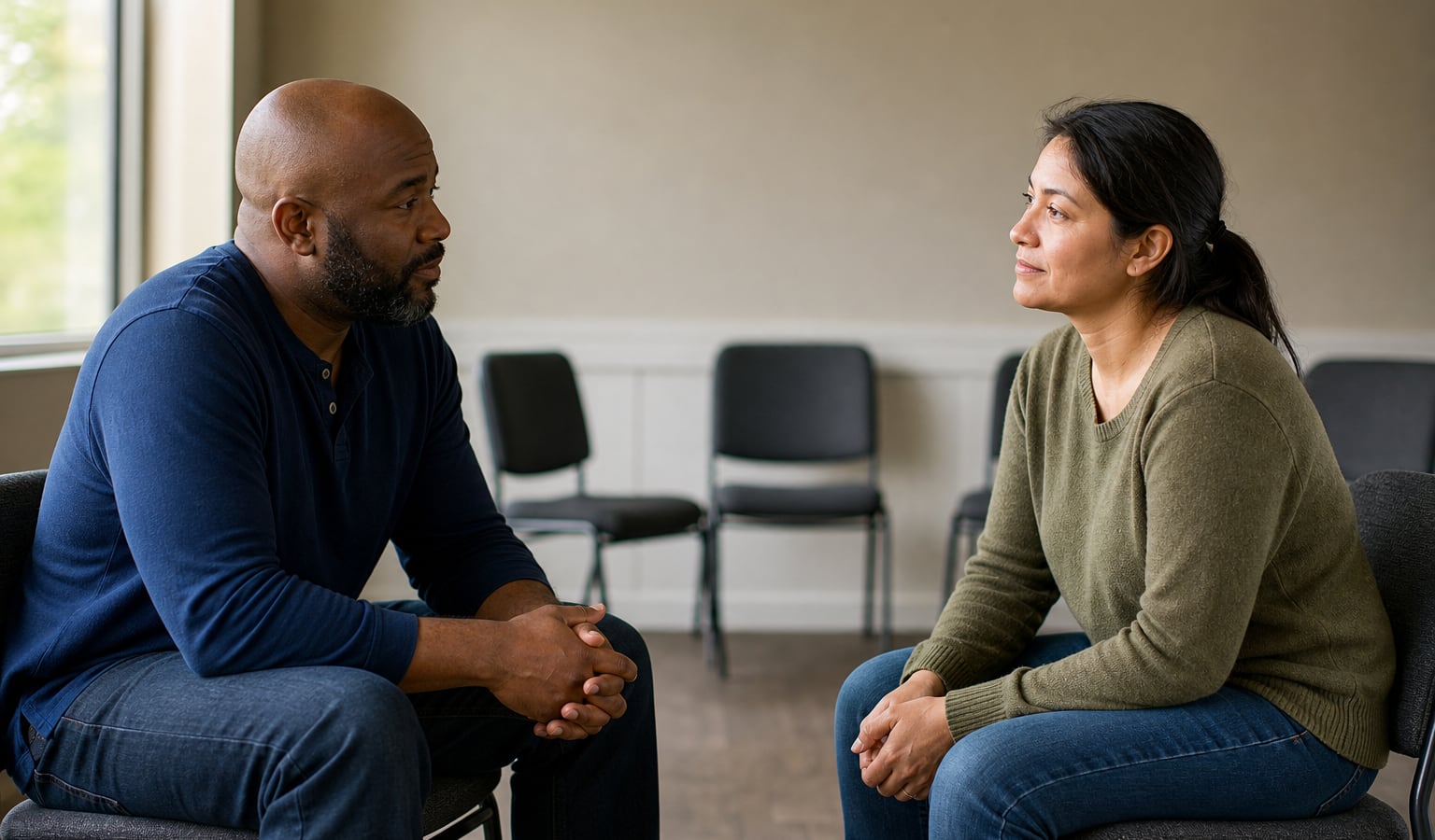 Two adults having a supportive conversation after a recovery meeting