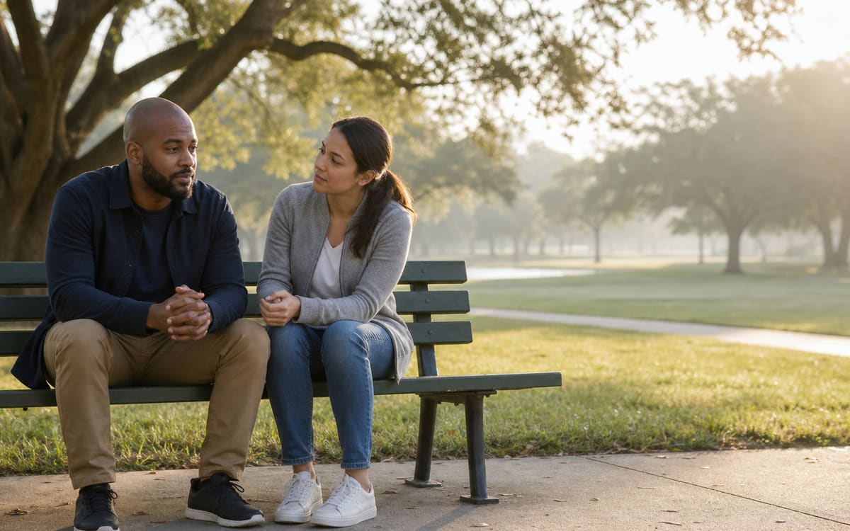 Adult reflecting hopefully beside a supportive friend in a calm park setting