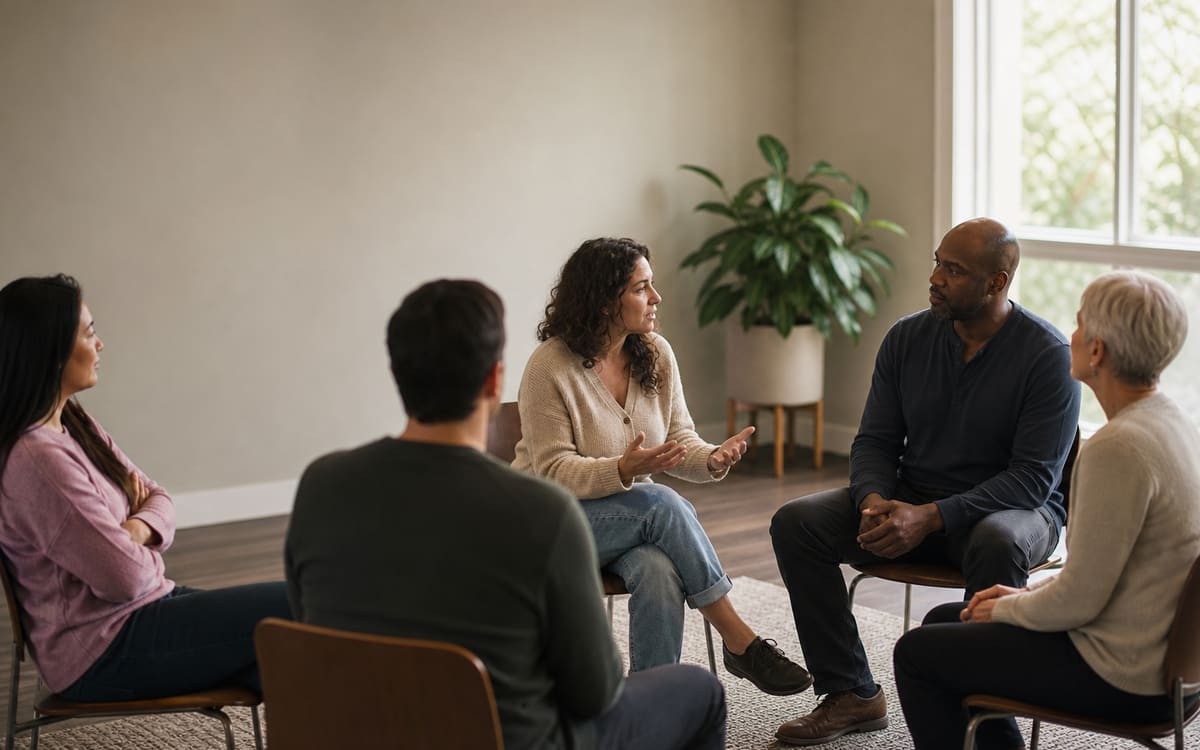 A supportive group of adults talking together in a warm, informal recovery meeting