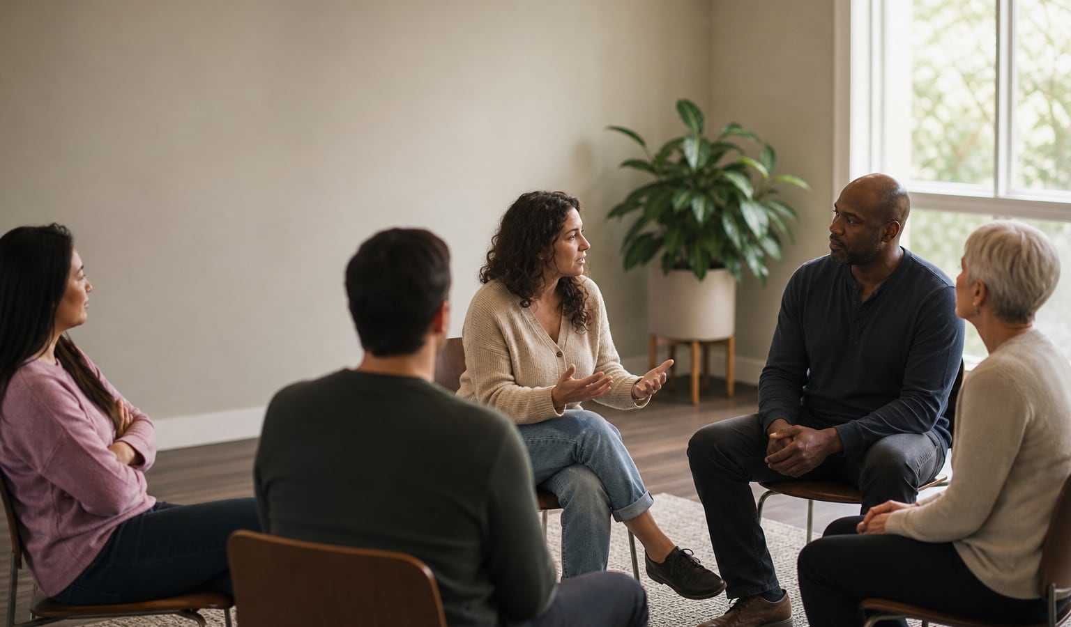 A supportive group of adults talking together in a warm, informal recovery meeting