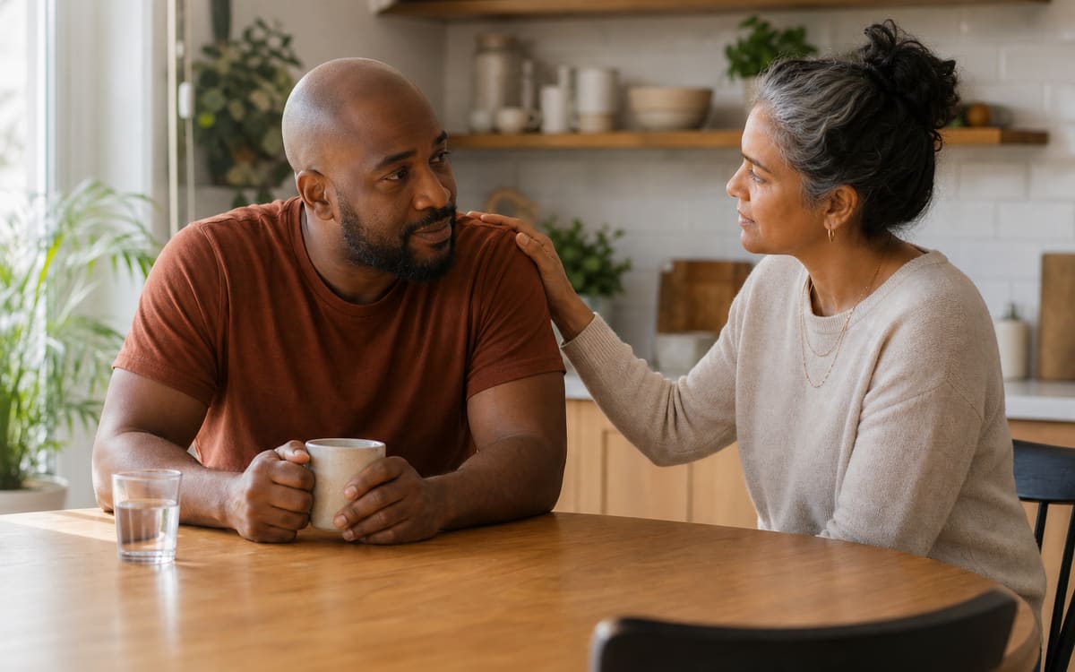 Adult reflecting quietly at a kitchen table with a supportive friend nearby