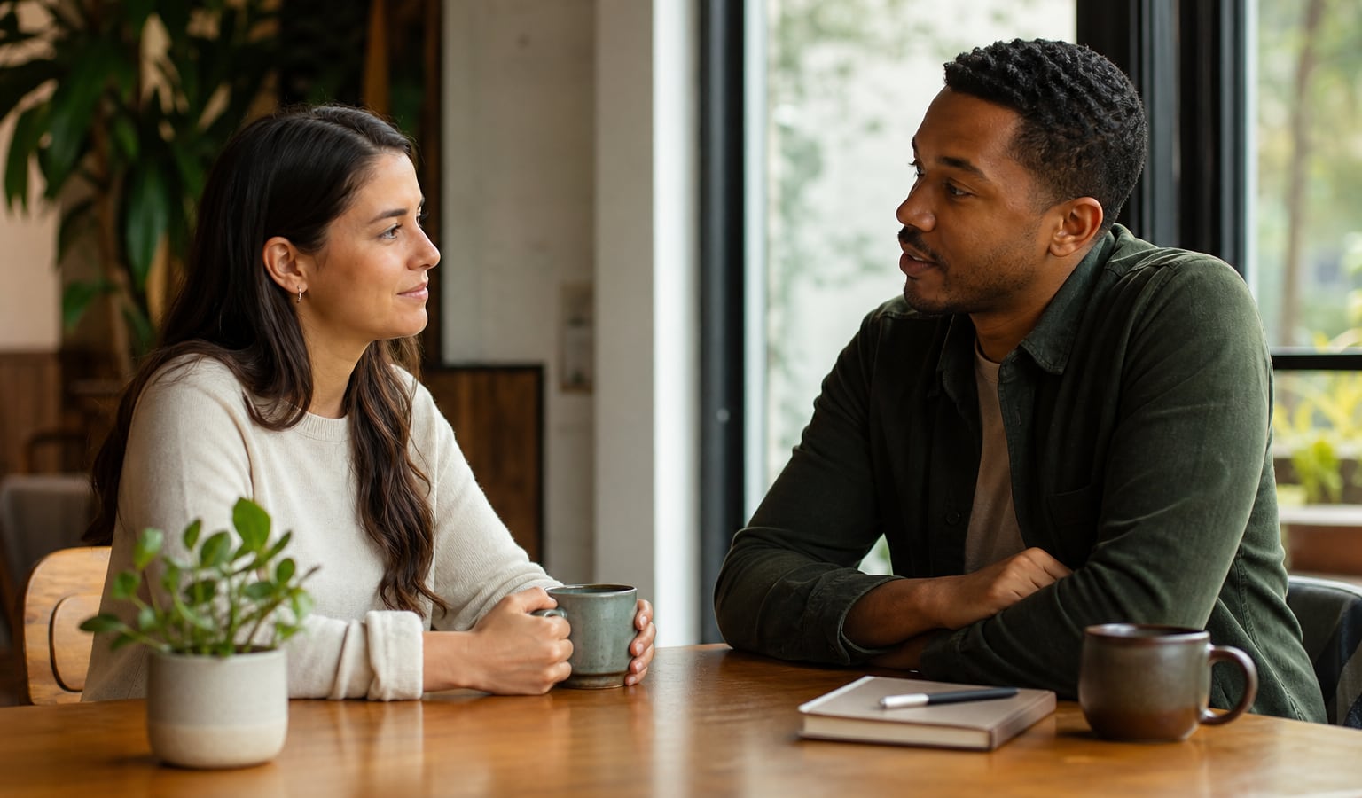 Two adults having a supportive conversation in a quiet café