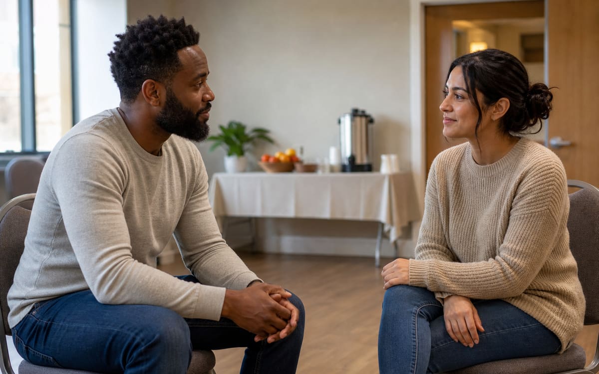Two adults having a supportive conversation after a recovery meeting