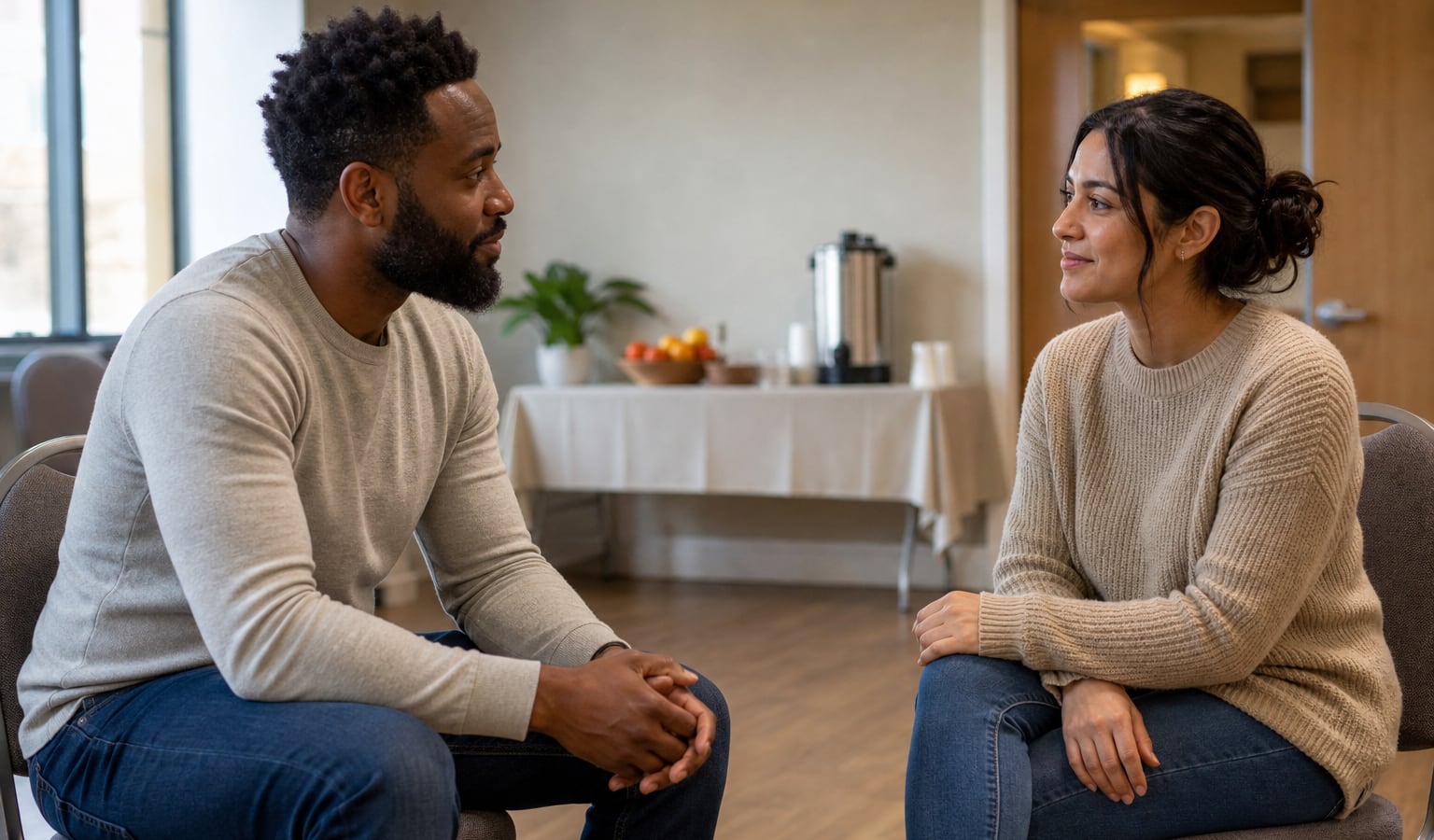 Two adults having a supportive conversation after a recovery meeting