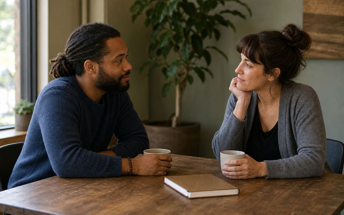 Two adults having a supportive recovery conversation in a quiet café