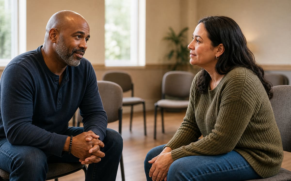 Two adults having a supportive conversation after a recovery meeting