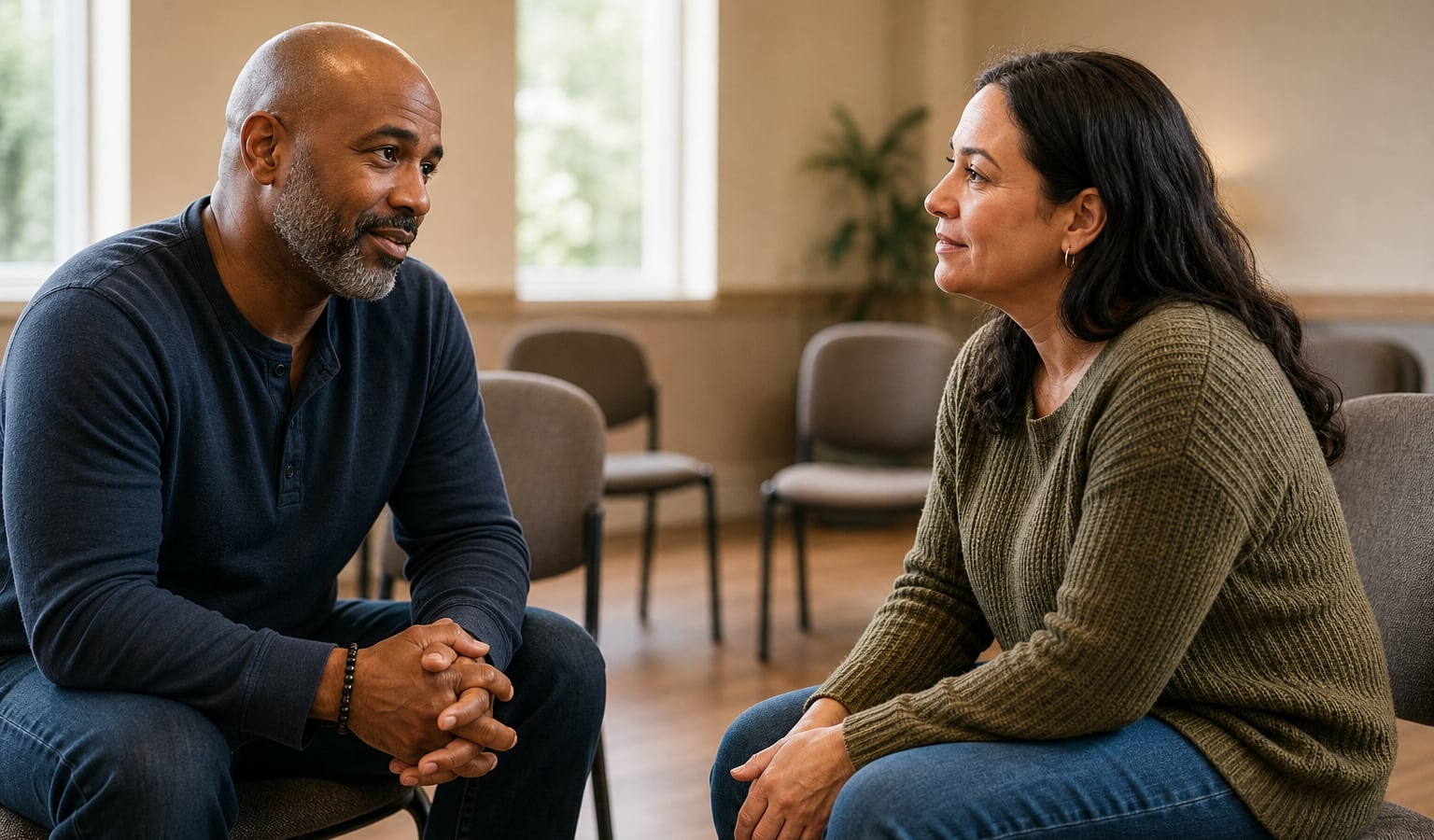 Two adults having a supportive conversation after a recovery meeting