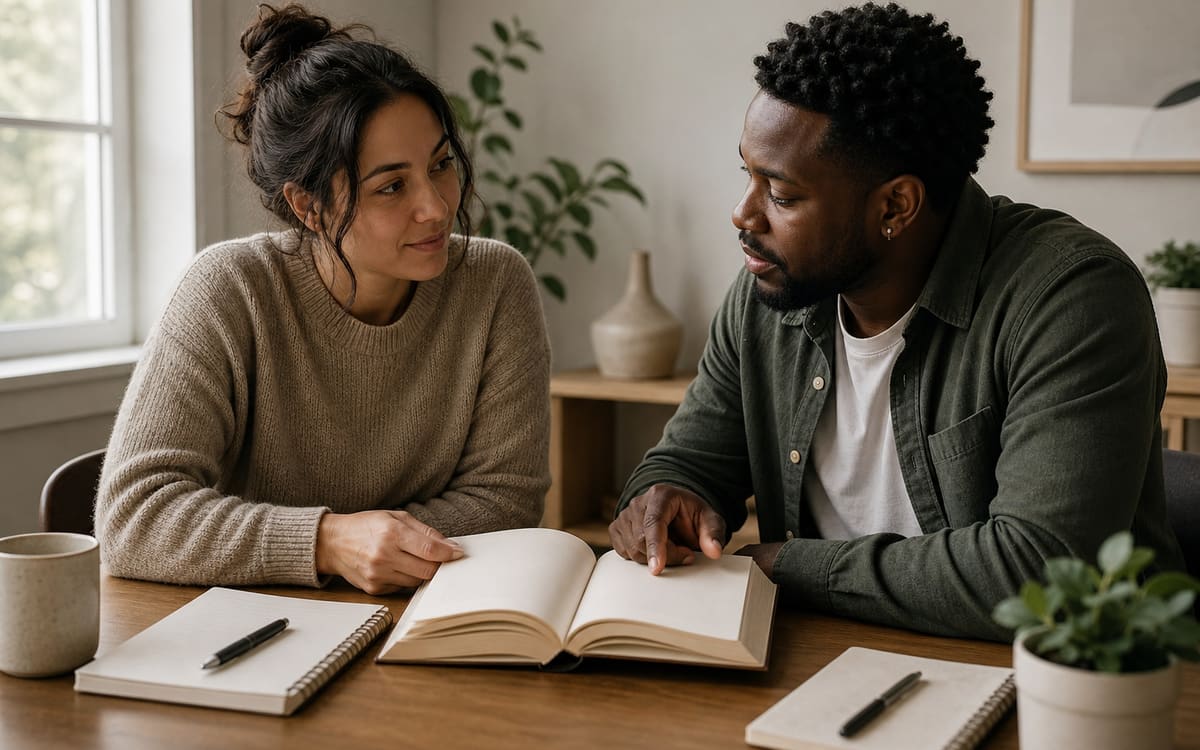 Two adults discussing a recovery book together at a quiet table