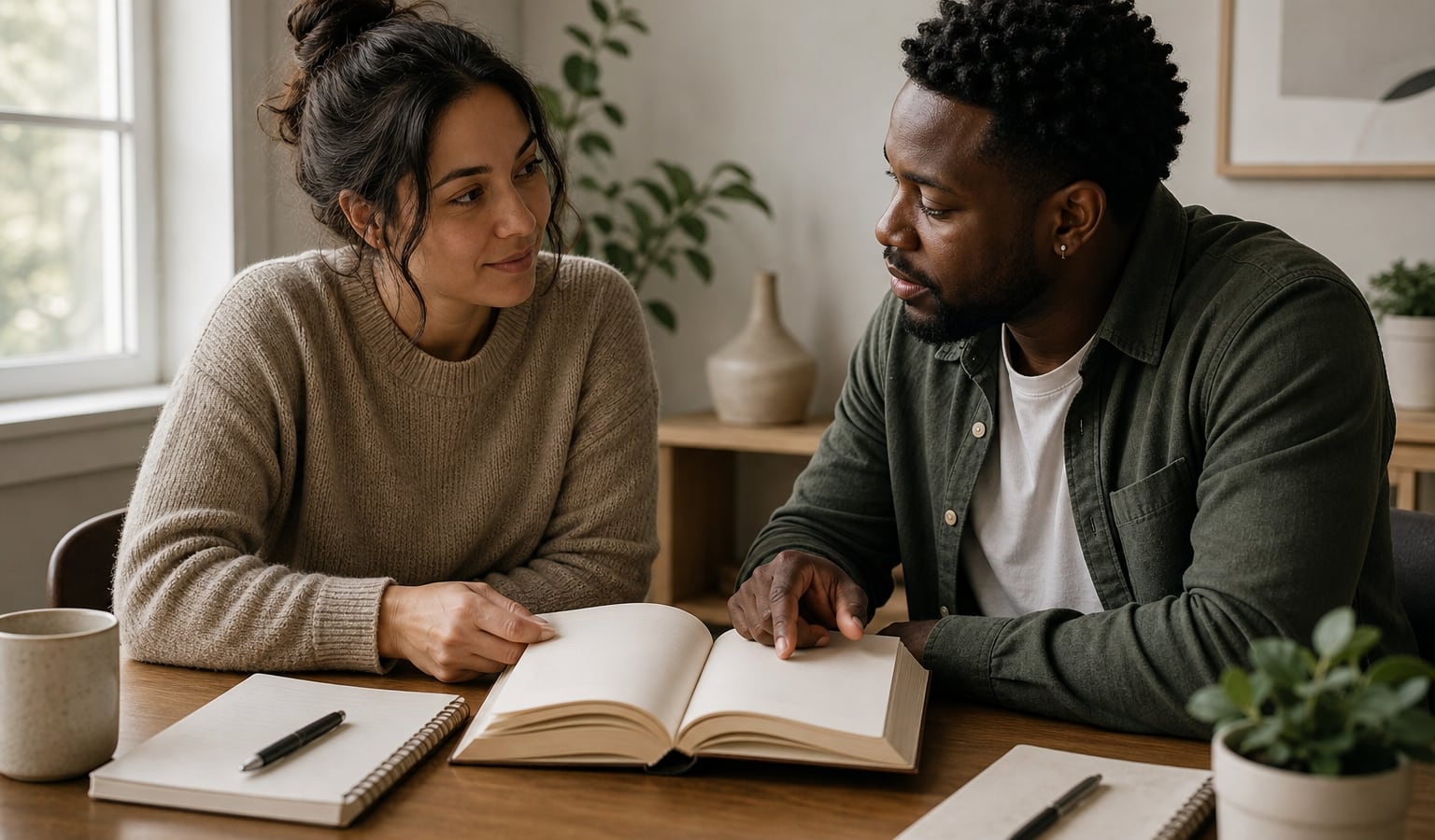 Two adults discussing a recovery book together at a quiet table