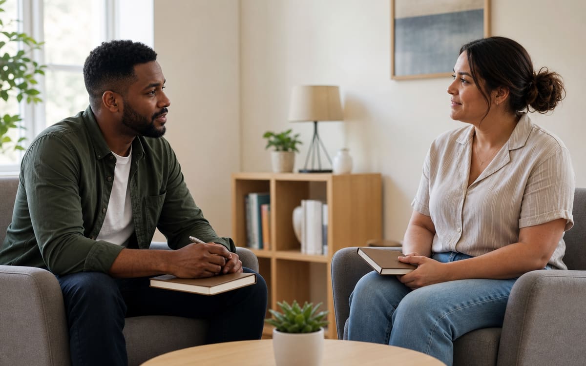 Two adults having a supportive recovery conversation in a quiet community room