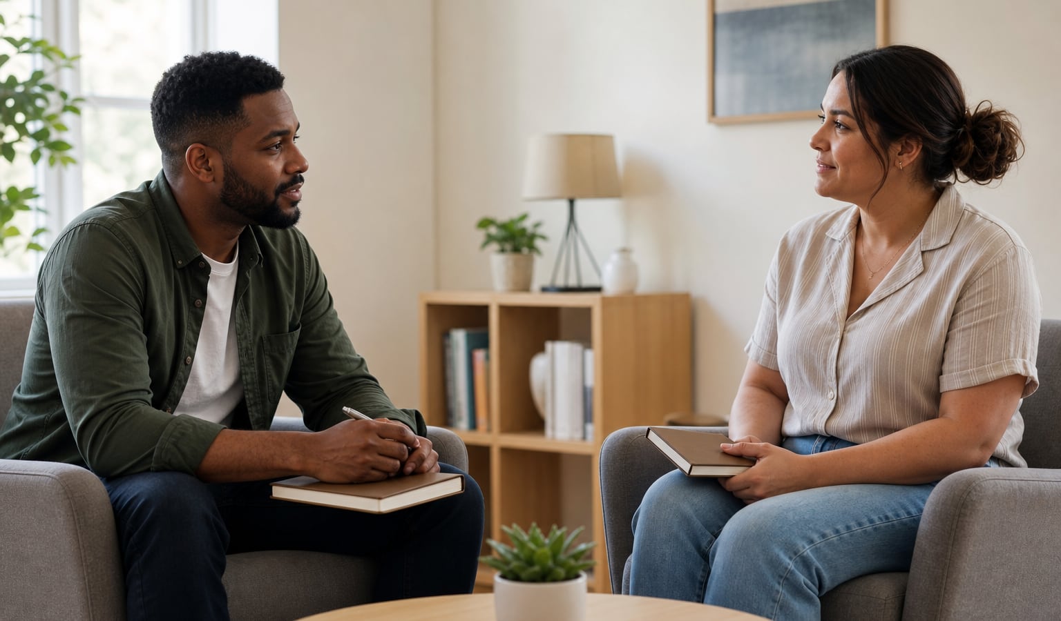 Two adults having a supportive recovery conversation in a quiet community room