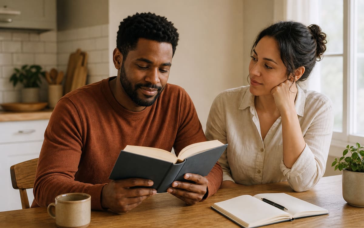 Adult quietly reading an unmarked recovery book beside a supportive friend