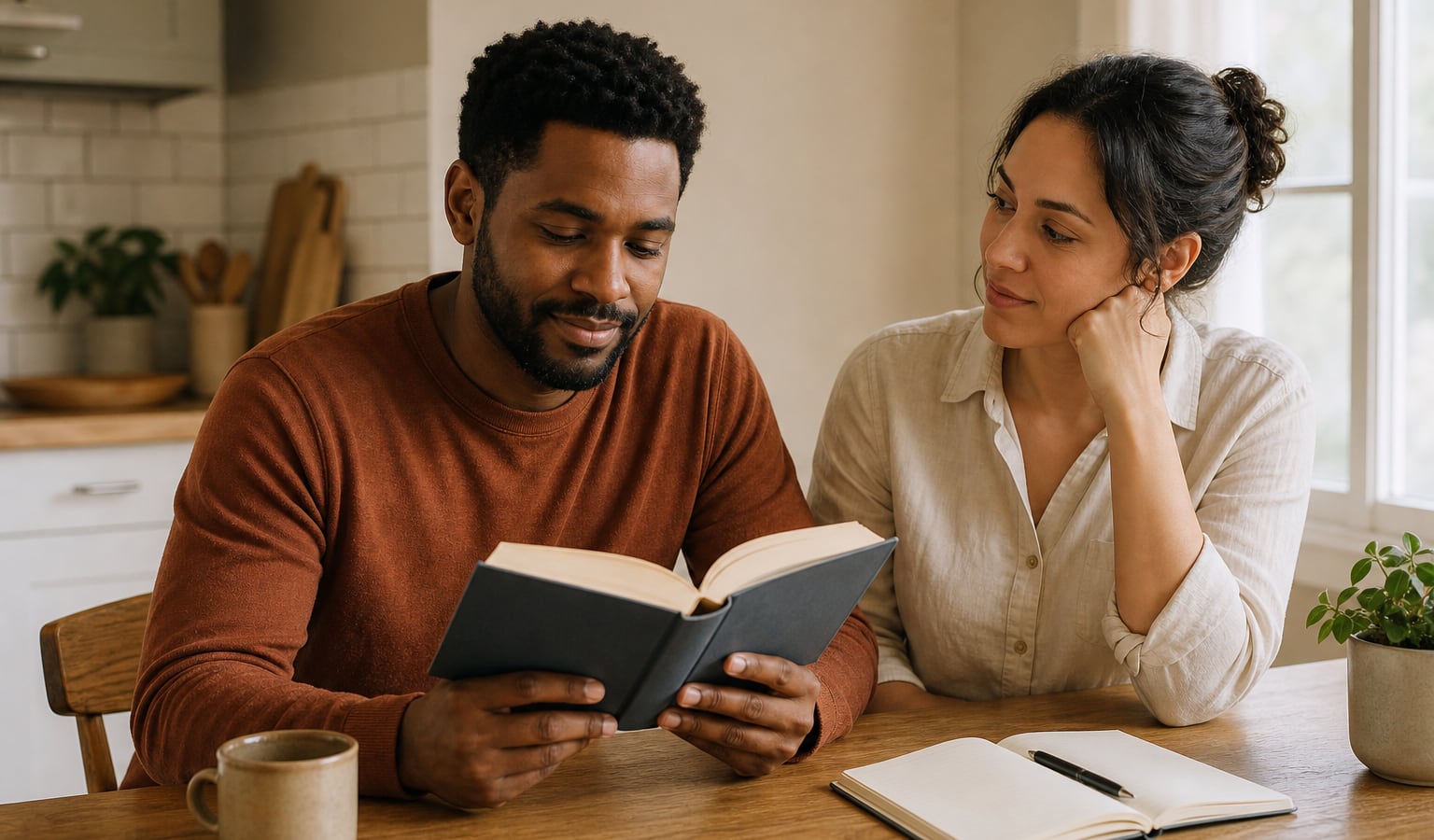 Adult quietly reading an unmarked recovery book beside a supportive friend