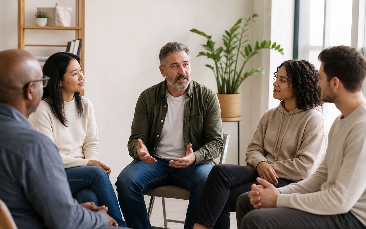 A small, welcoming group of adults talking together in a bright community room