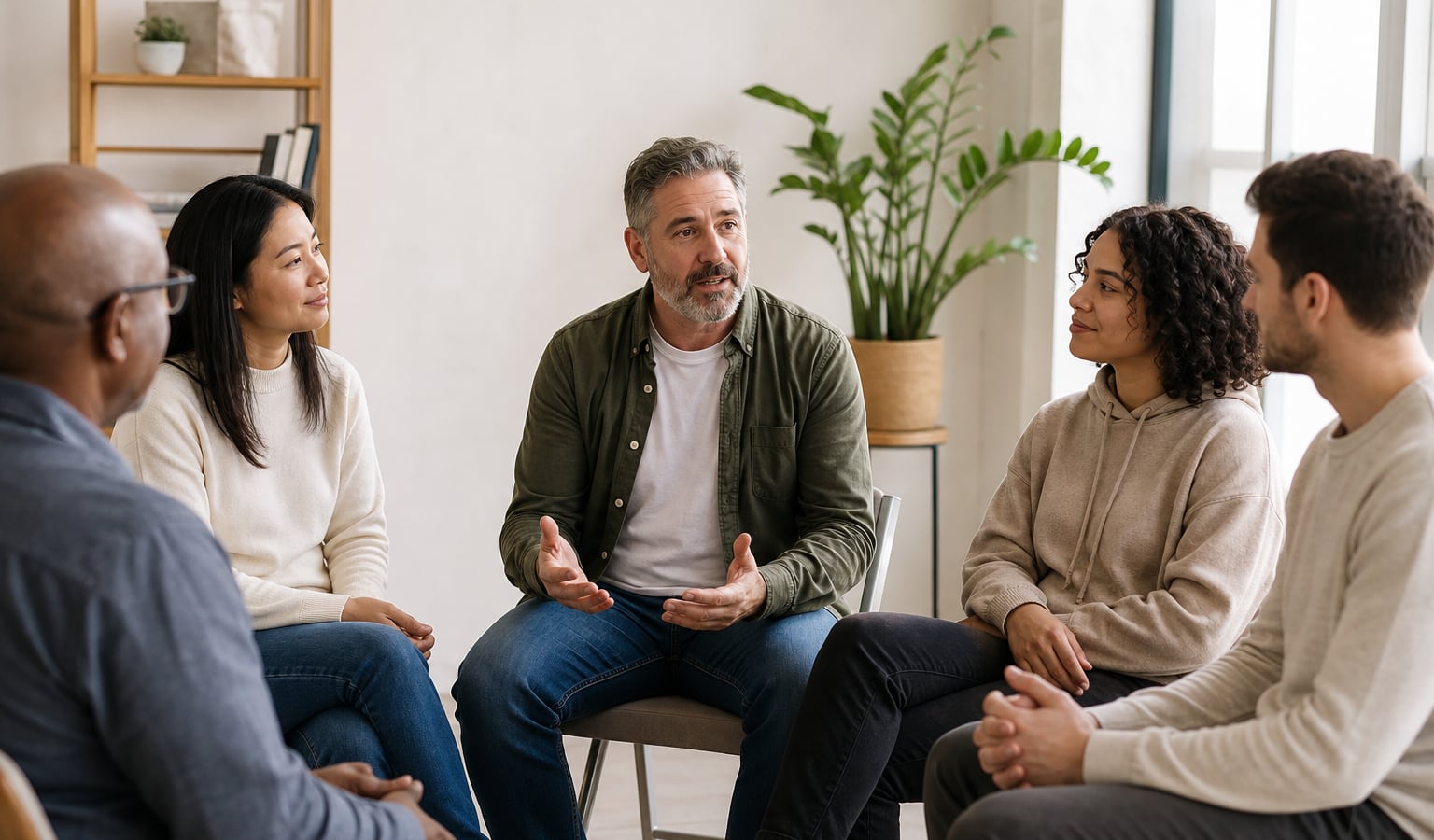 A small, welcoming group of adults talking together in a bright community room