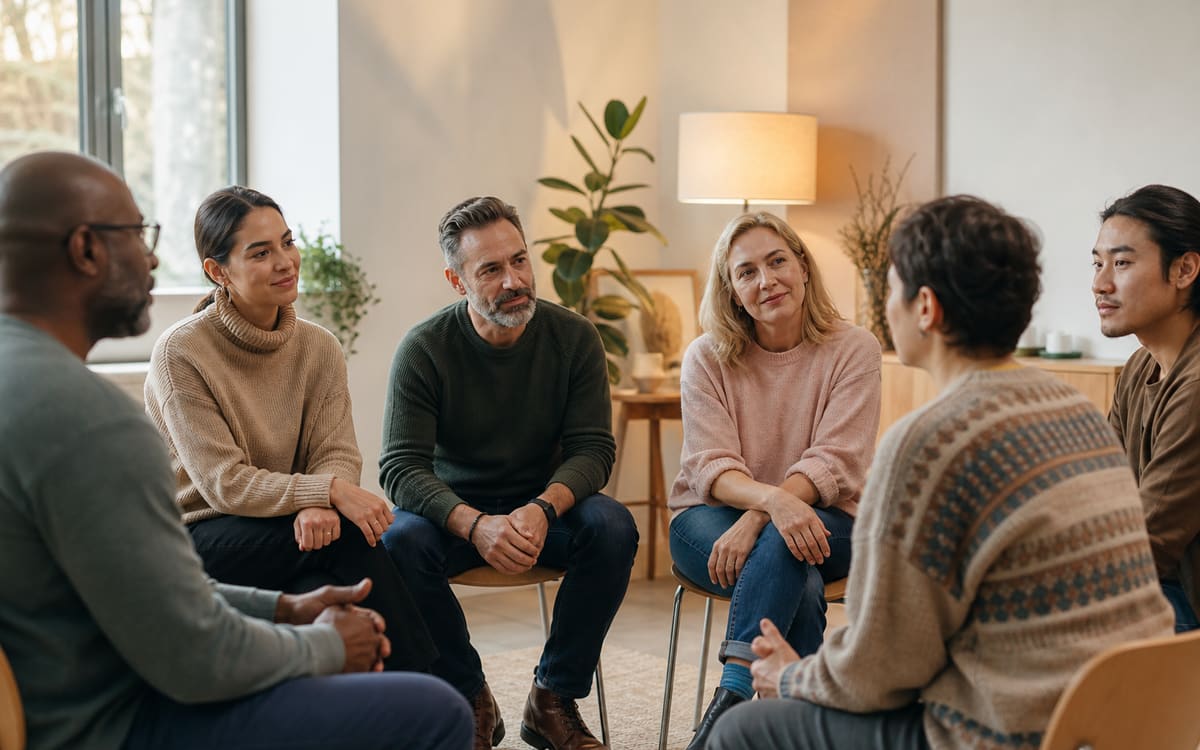Supportive adults discussing the Twelve Steps in a calm recovery meeting