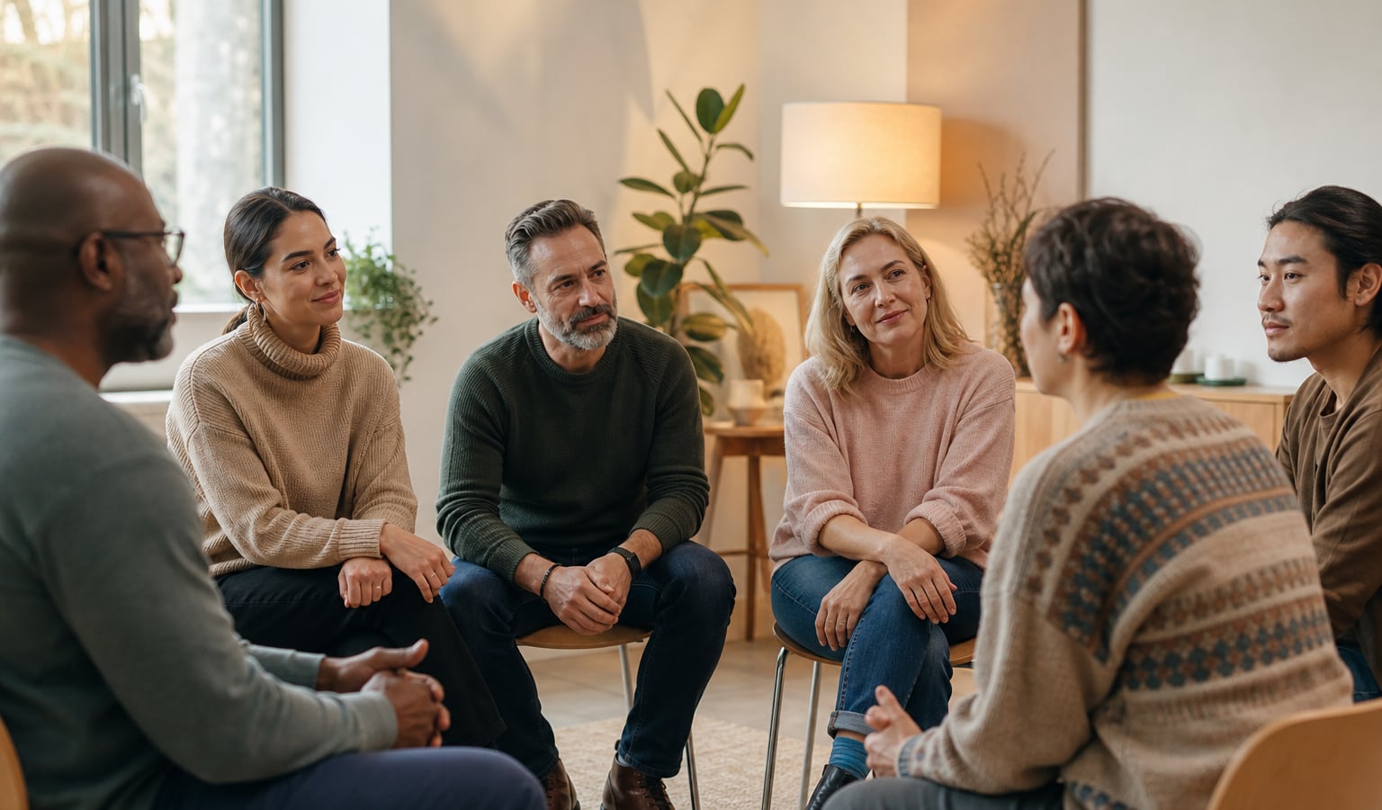 Supportive adults discussing the Twelve Steps in a calm recovery meeting