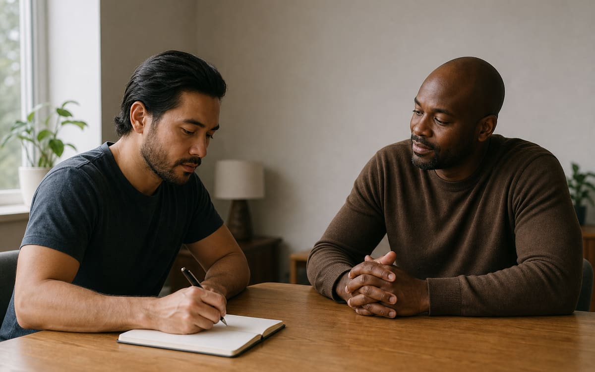 Two adults calmly reviewing a private recovery list together at a table