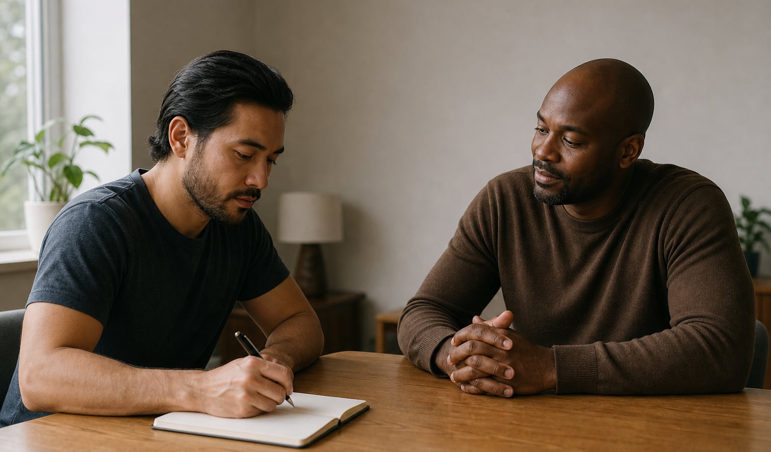 Two adults calmly reviewing a private recovery list together at a table