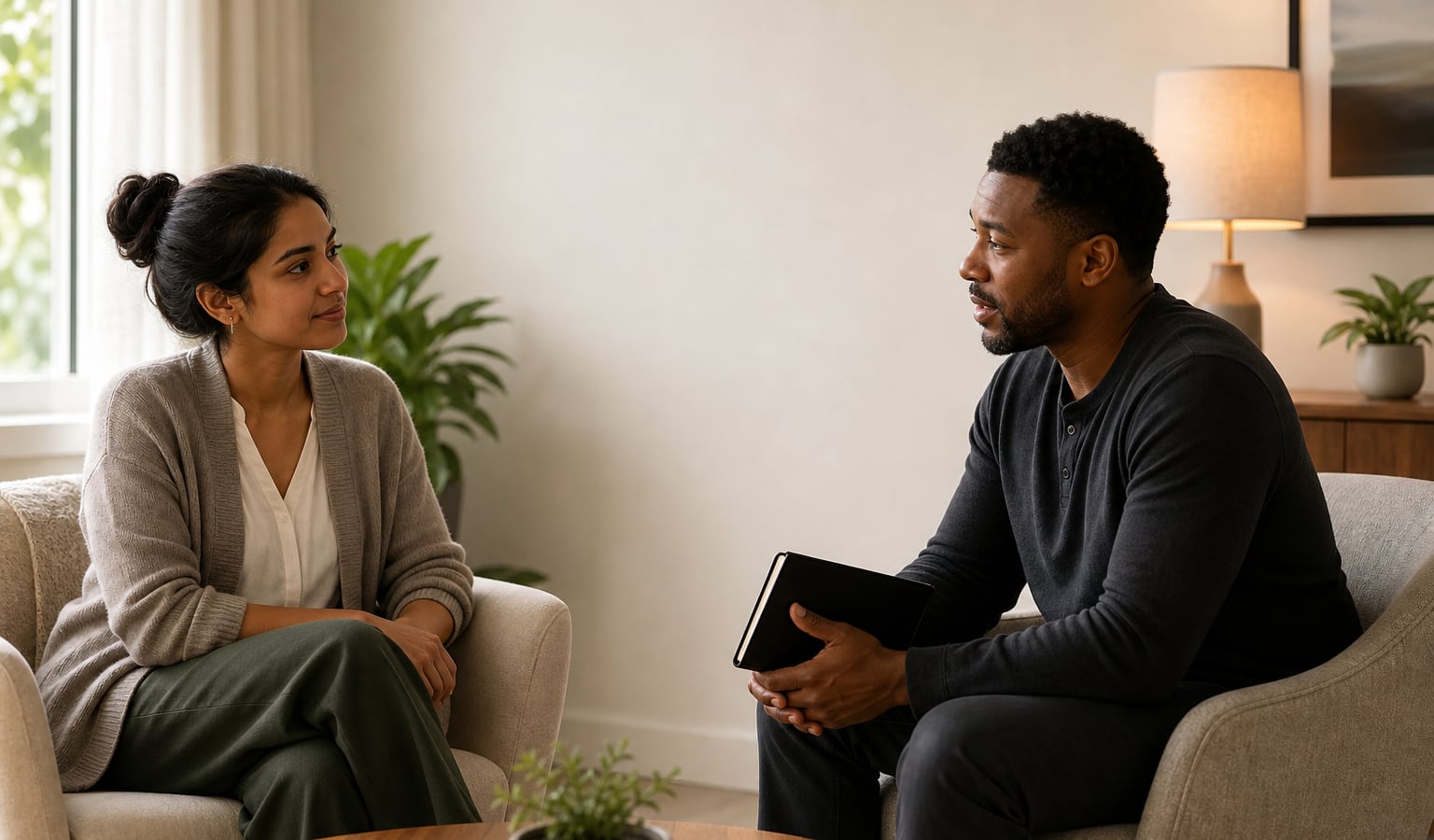 Two adults having a calm, supportive recovery conversation in a quiet room
