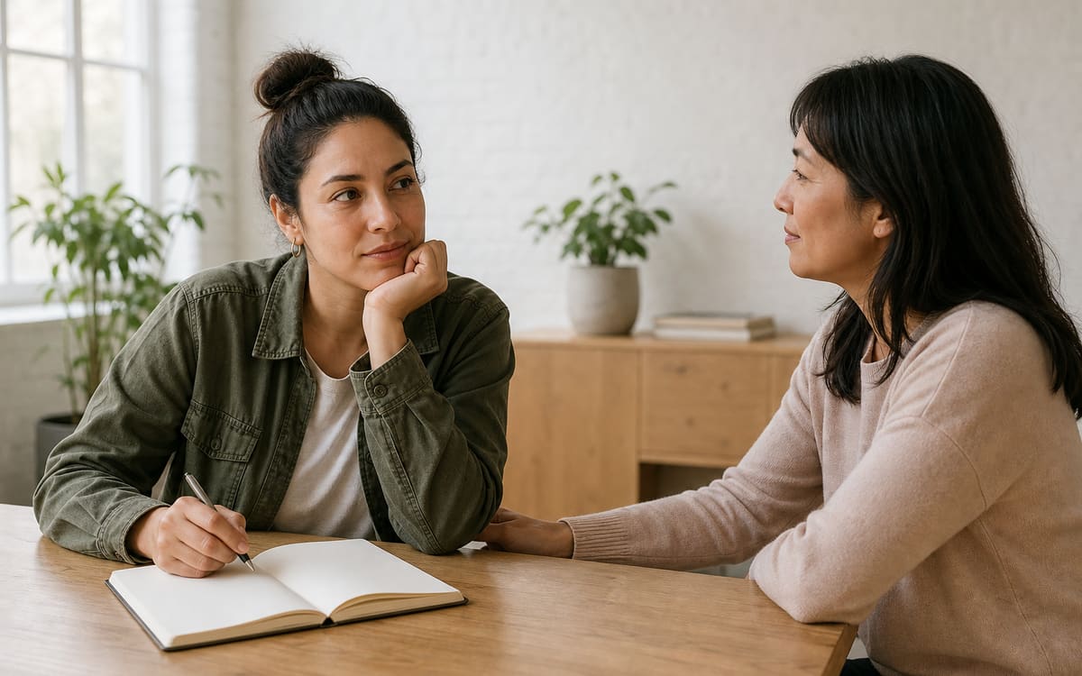 Adult reflecting with a notebook beside a supportive companion in a calm room