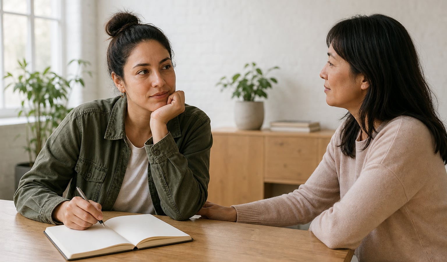 Adult reflecting with a notebook beside a supportive companion in a calm room