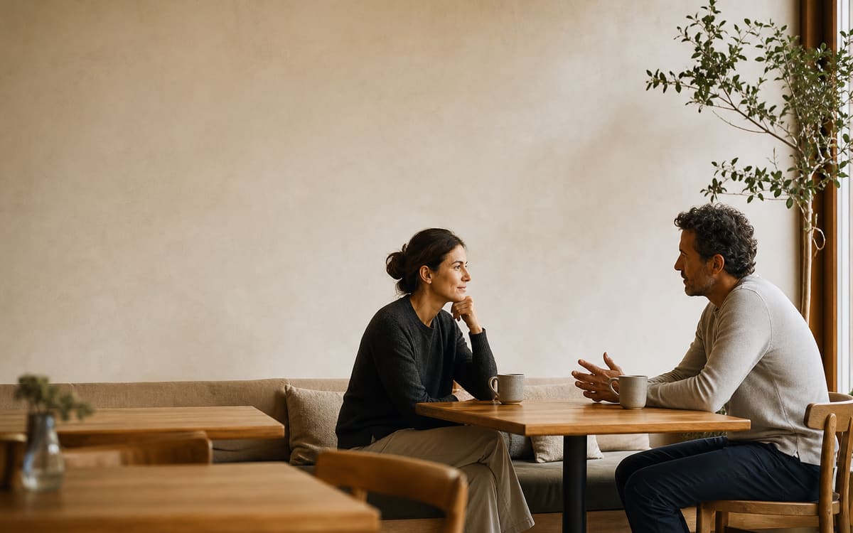 Two adults having a calm, respectful conversation in a quiet café