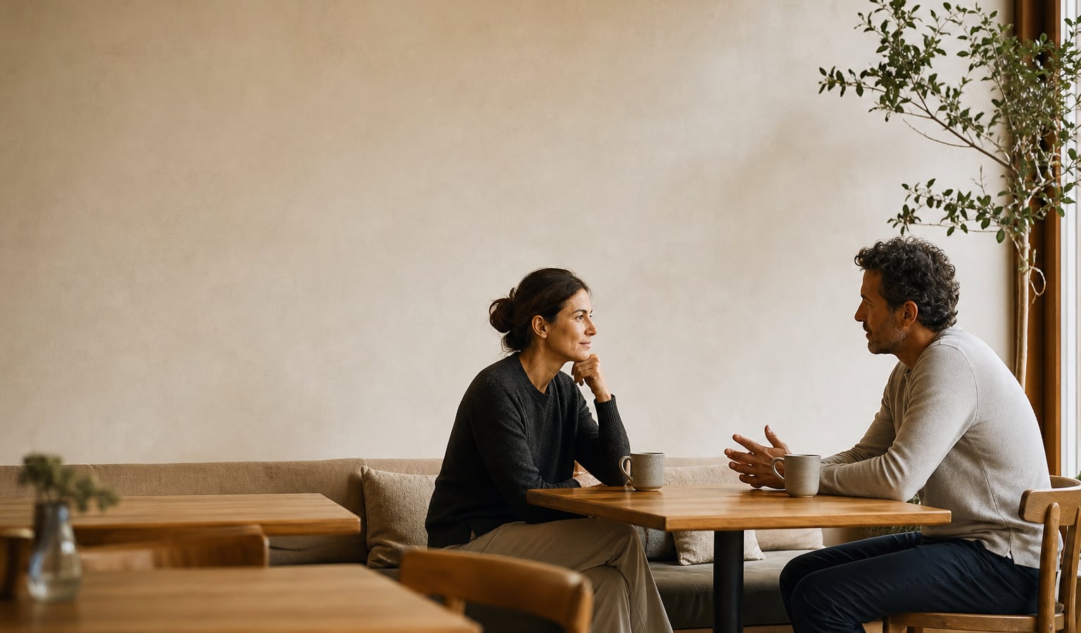 Two adults having a calm, respectful conversation in a quiet café