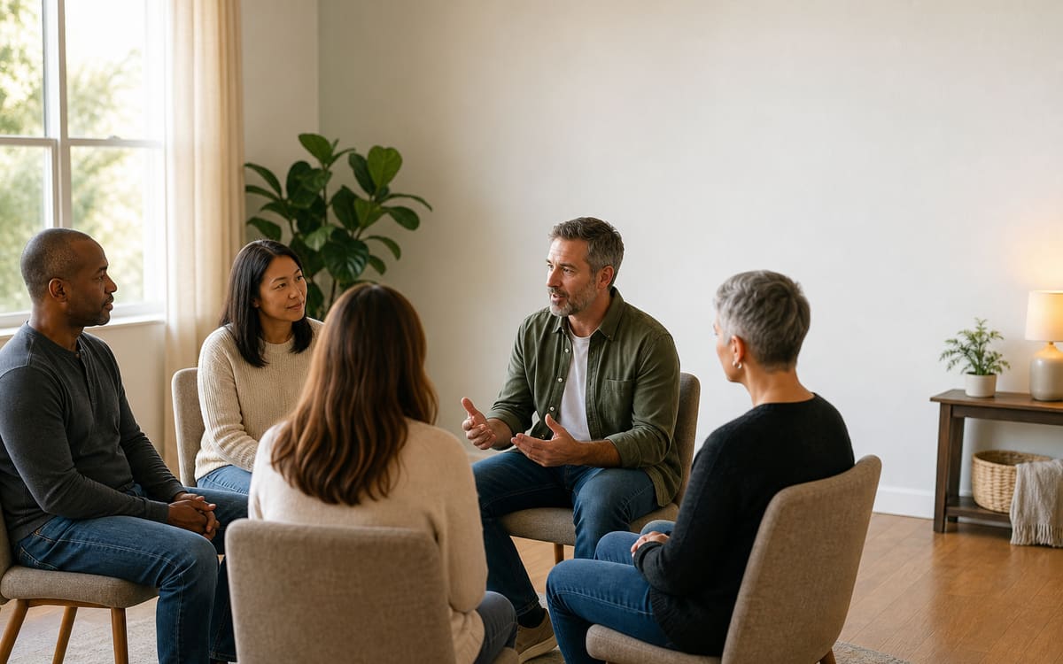Adults sharing a calm, supportive conversation in a welcoming recovery setting