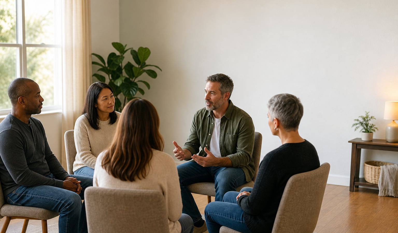 Adults sharing a calm, supportive conversation in a welcoming recovery setting