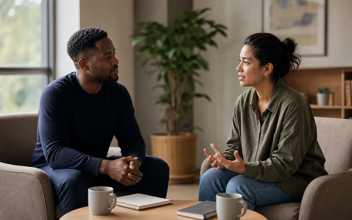 Two adults having a calm, supportive conversation during a reflective moment in recovery