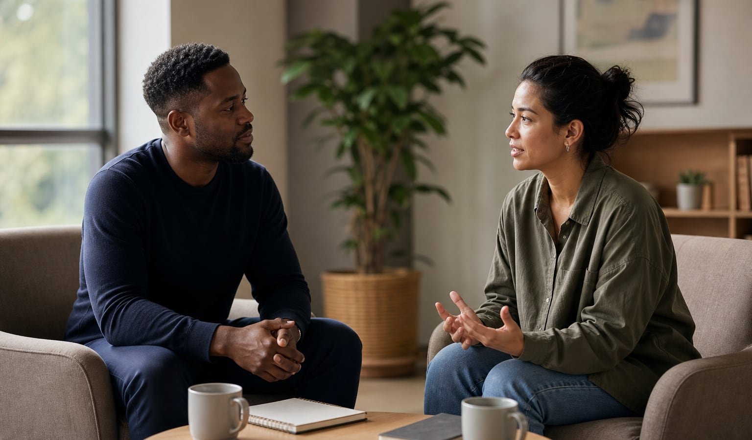 Two adults having a calm, supportive conversation during a reflective moment in recovery