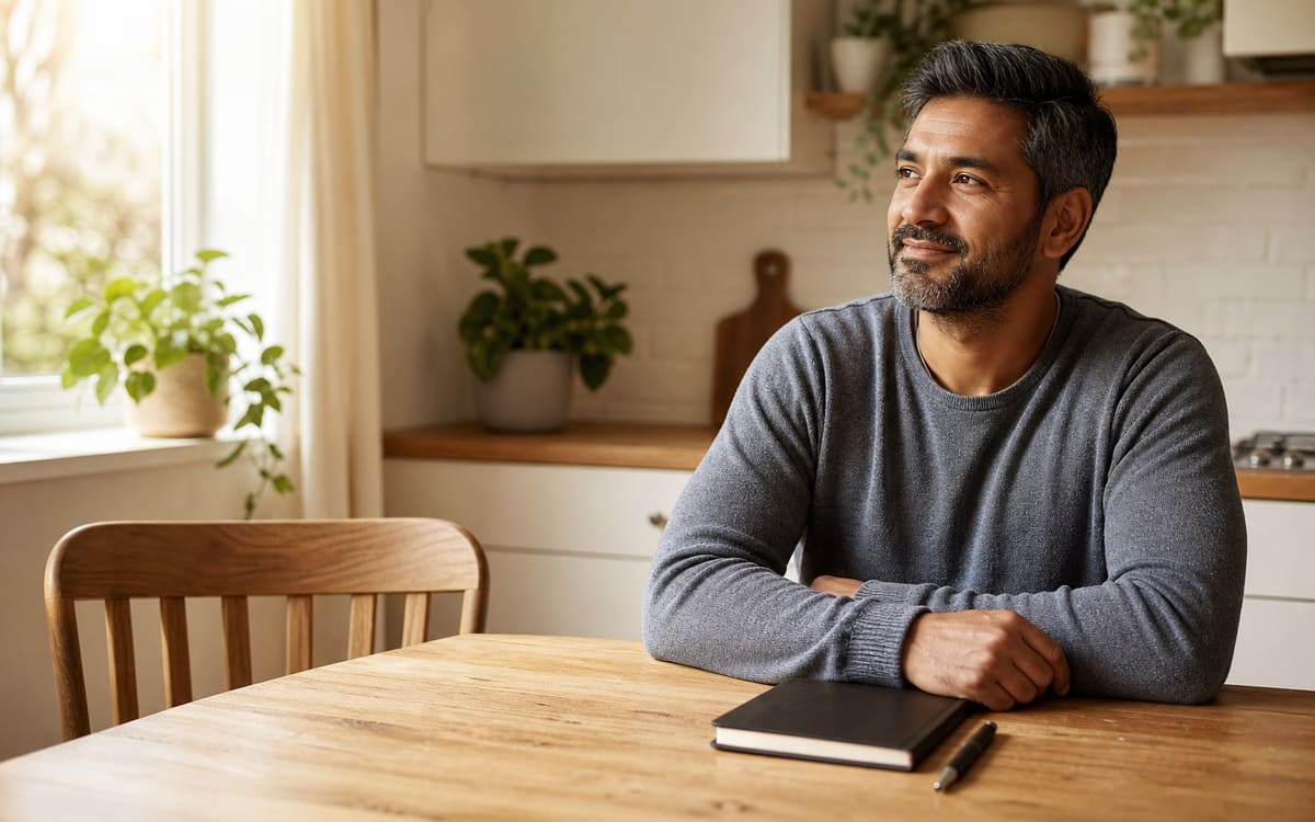 Adult reflecting quietly with a notebook beside a sunlit window