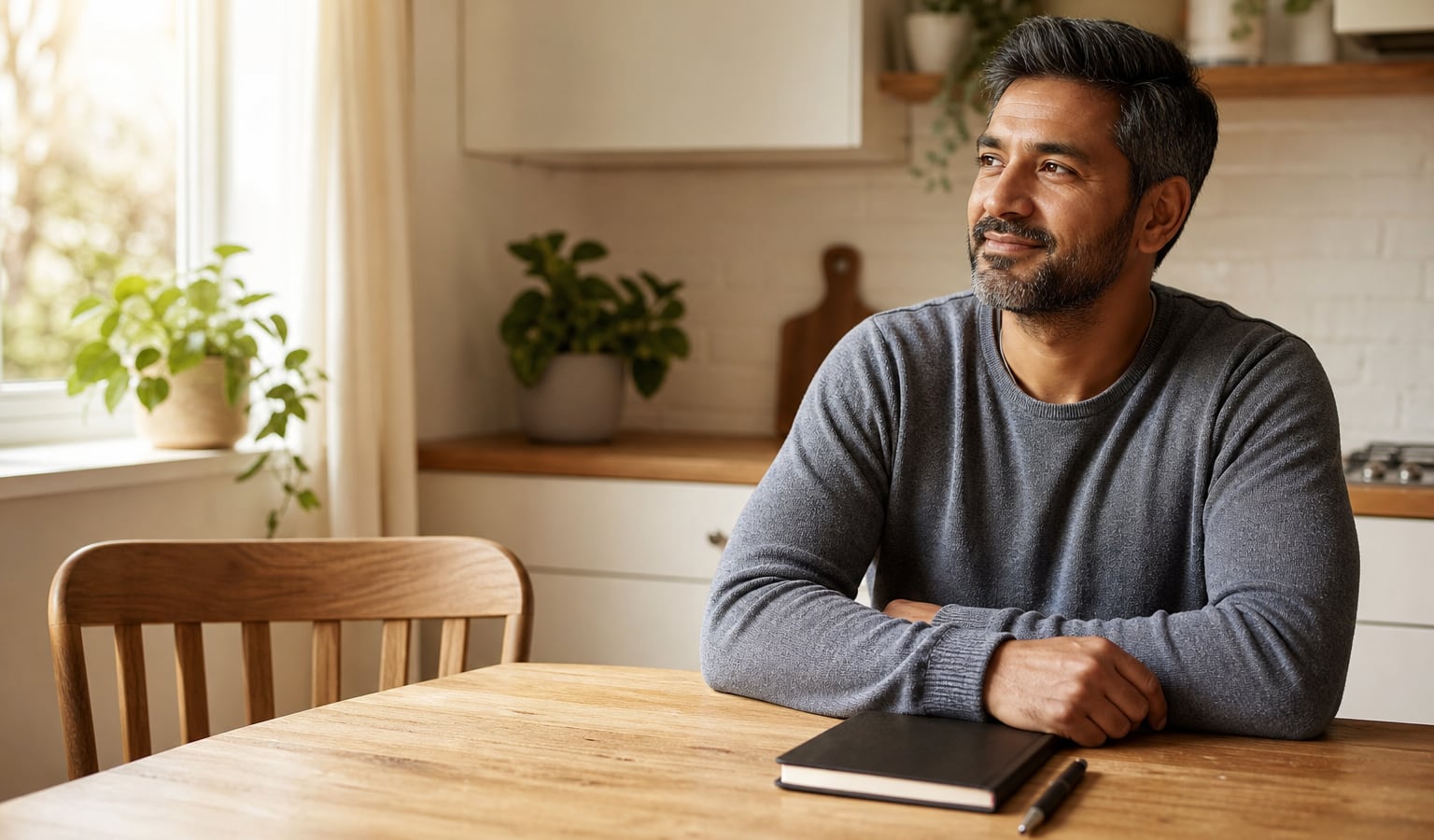 Adult reflecting quietly with a notebook beside a sunlit window