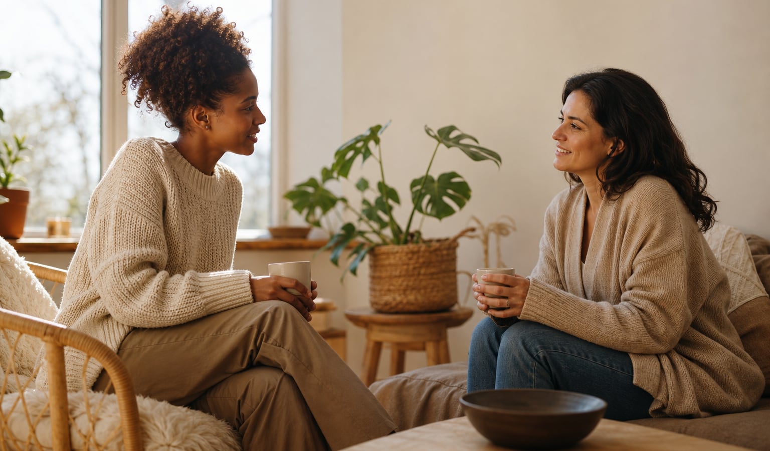 Two adults having a calm, supportive conversation beside a sunlit window