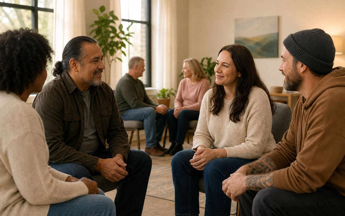 Supportive adults sharing a hopeful conversation in a calm community room