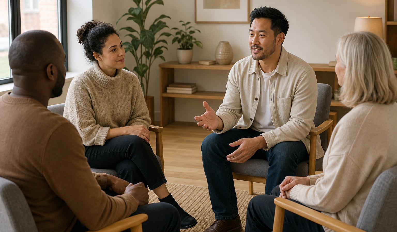 Adults sharing a calm, hopeful conversation in a welcoming recovery setting