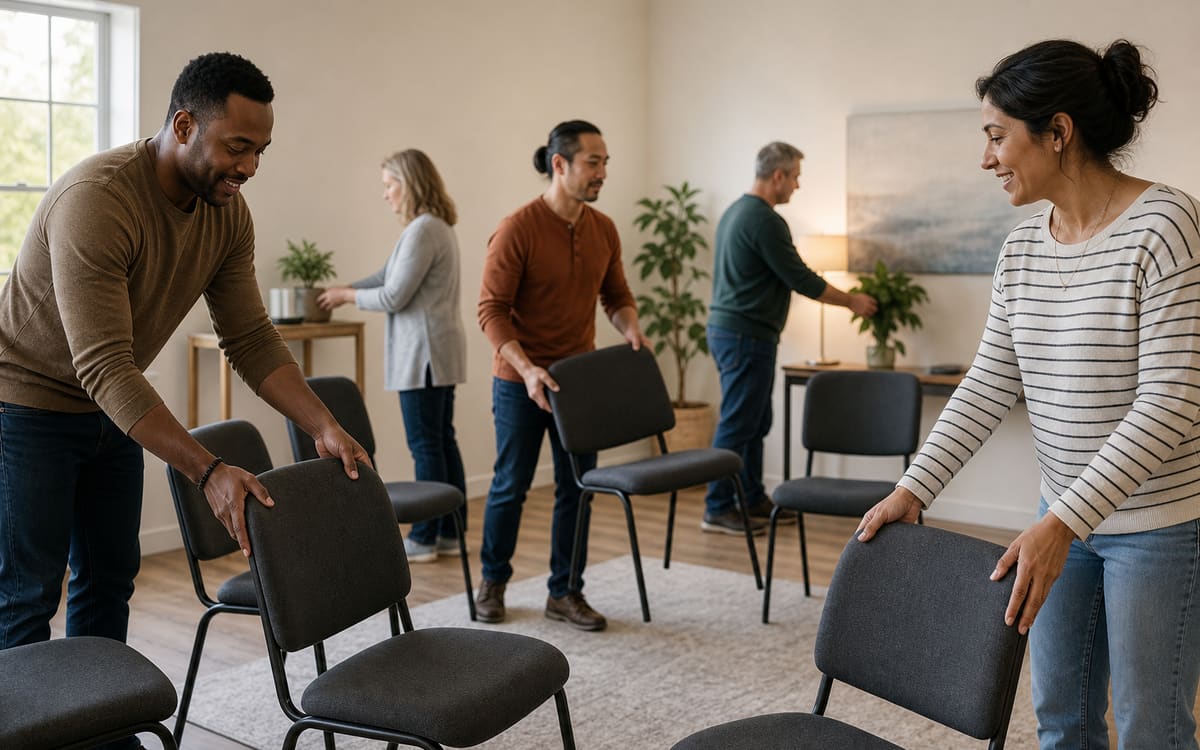 Adults arranging chairs together before a welcoming recovery meeting