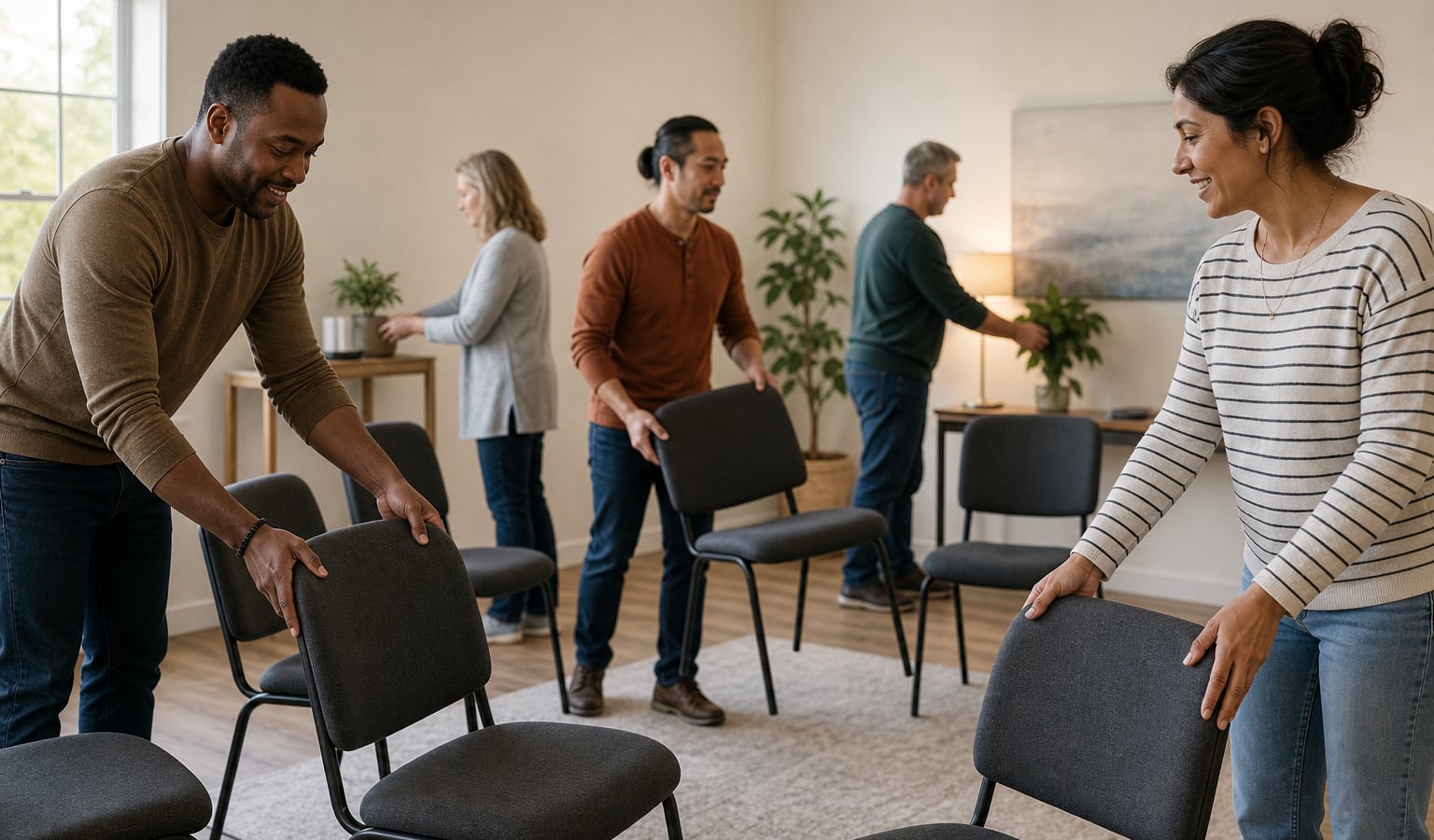 Adults arranging chairs together before a welcoming recovery meeting