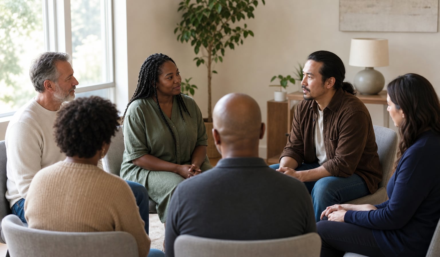 Diverse adults sharing a quiet, supportive conversation in a welcoming meeting room