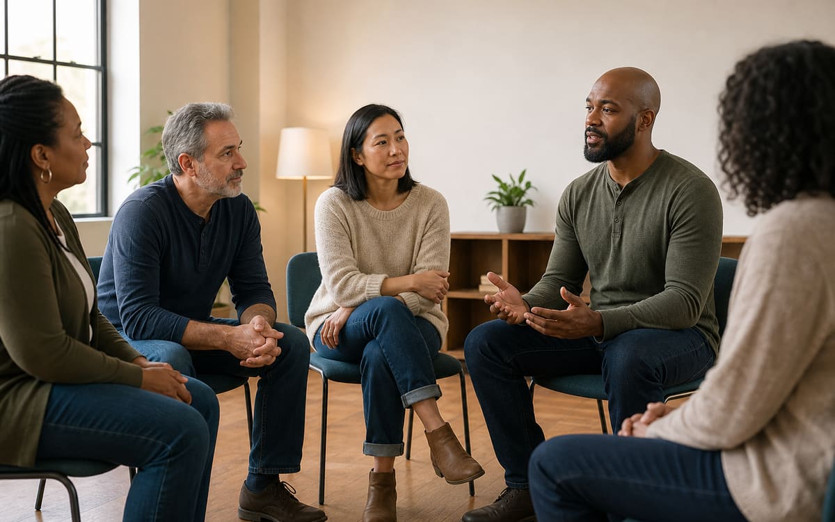 Diverse adults sharing support in a warm, welcoming recovery meeting