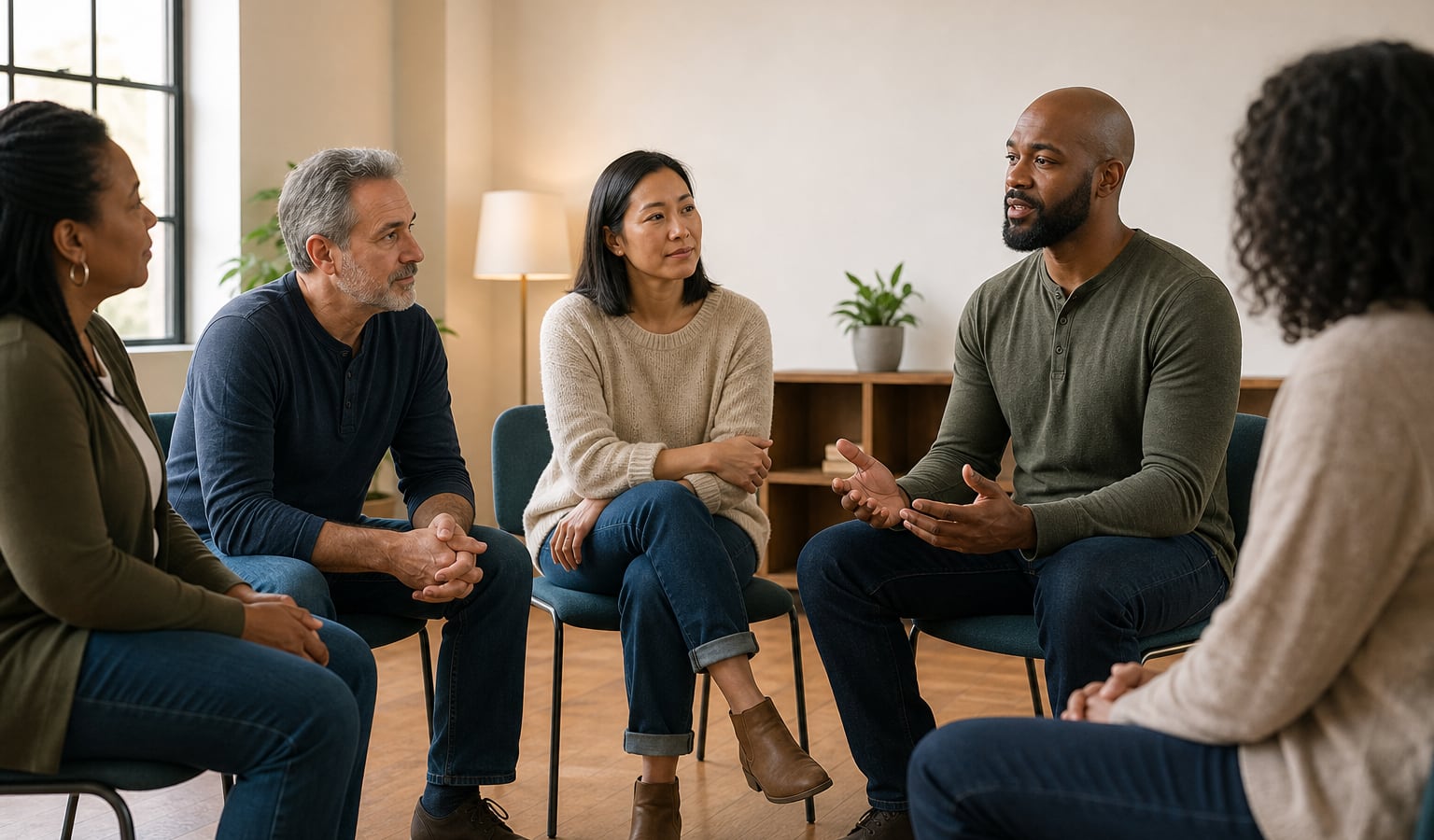 Diverse adults sharing support in a warm, welcoming recovery meeting