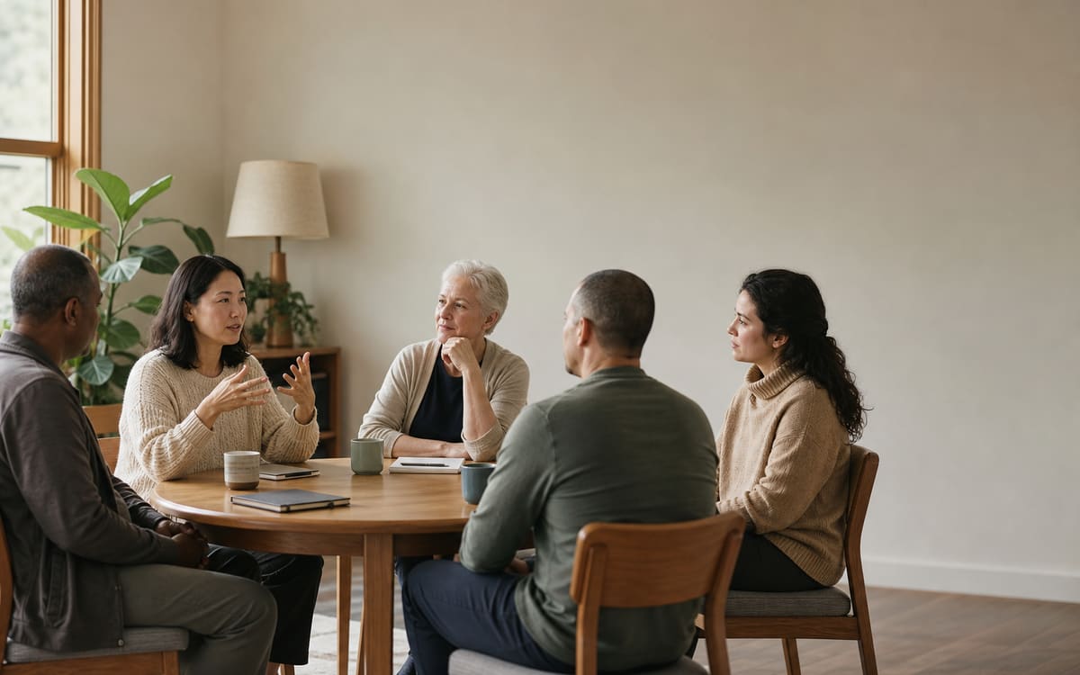 Diverse adults sharing ideas around a table in a welcoming recovery meeting space