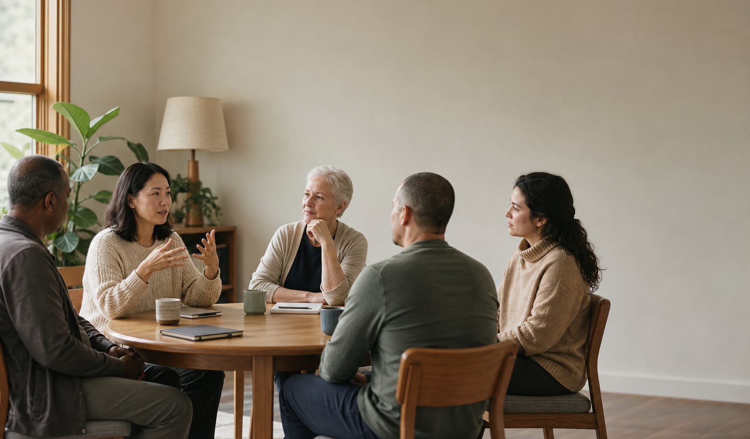 Diverse adults sharing ideas around a table in a welcoming recovery meeting space