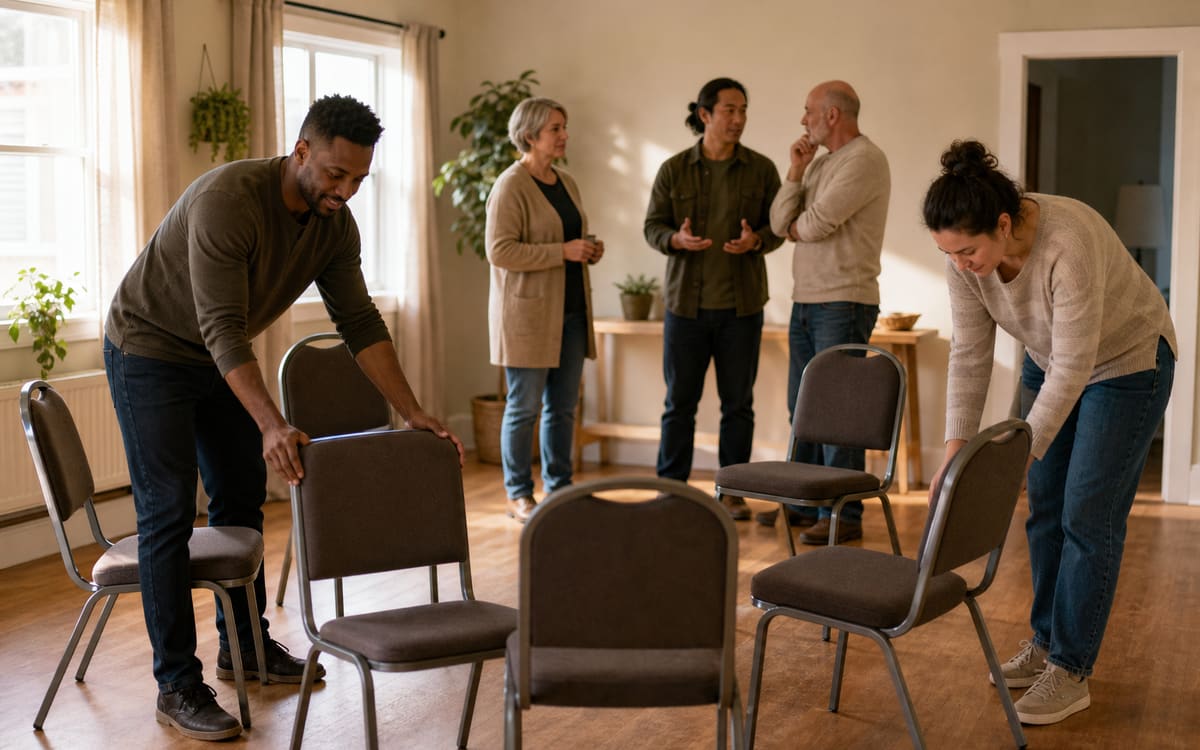 Diverse adults arranging chairs together before a welcoming recovery meeting