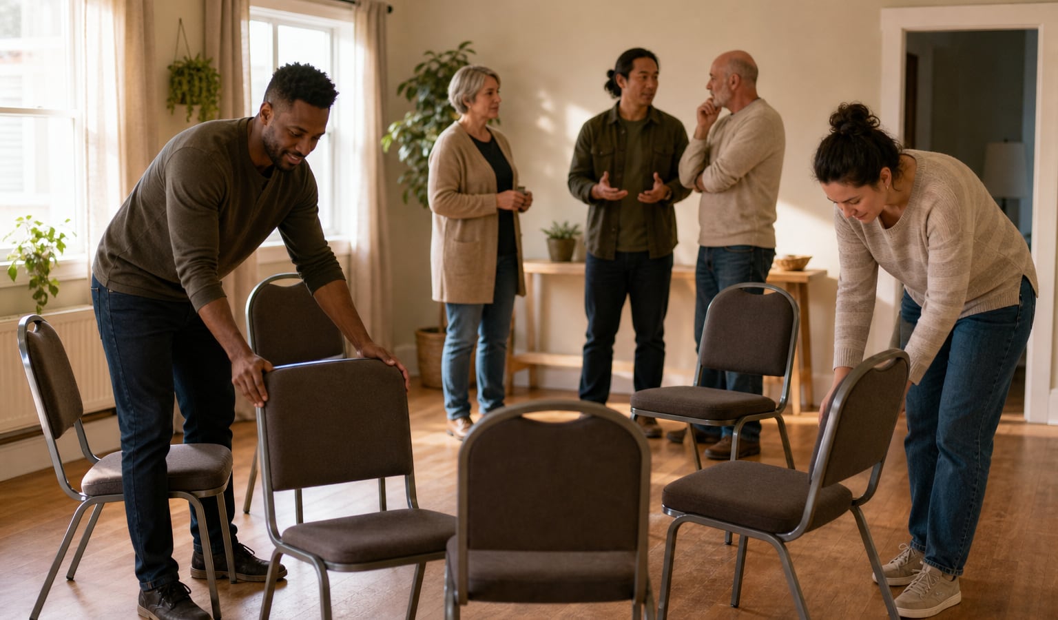 Diverse adults arranging chairs together before a welcoming recovery meeting