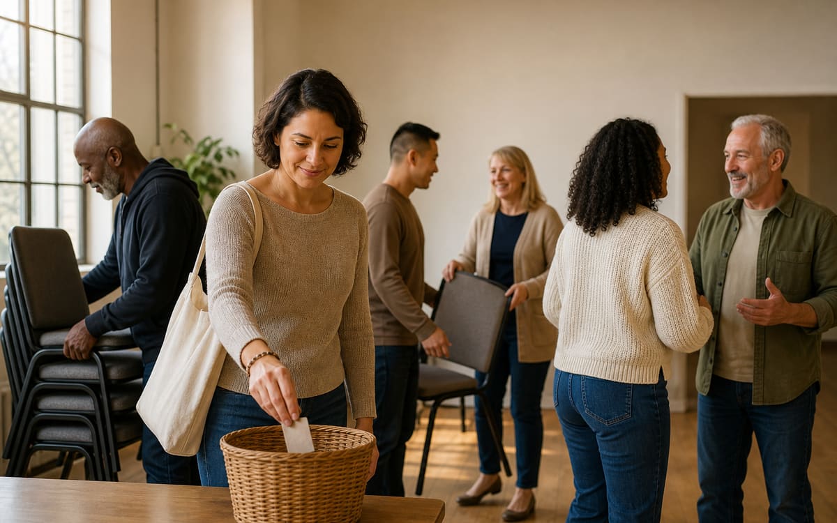 Adults making voluntary contributions at a welcoming recovery meeting